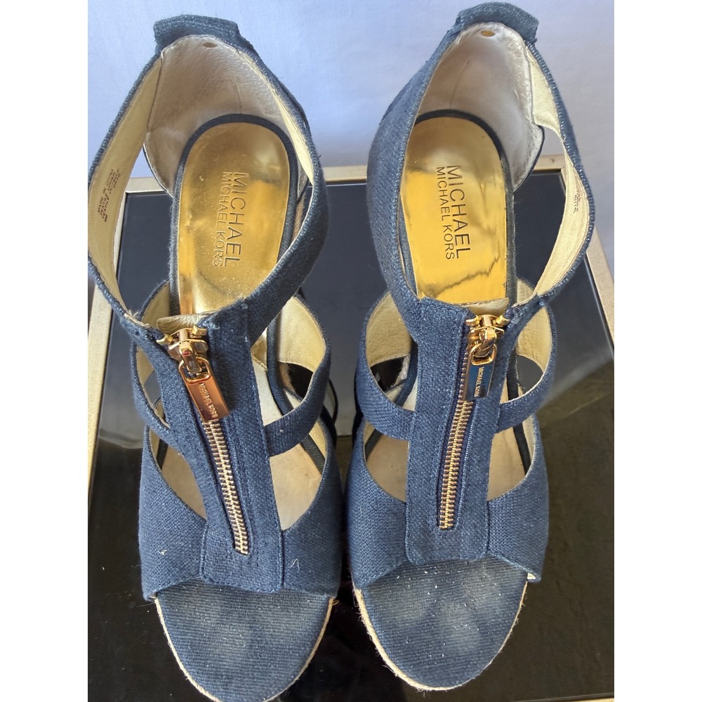 Michael Michael Kors Damita Navy Blue Espadrille Wedge Sandals Gold Zip RH14L 9M - Picture 3 of 7